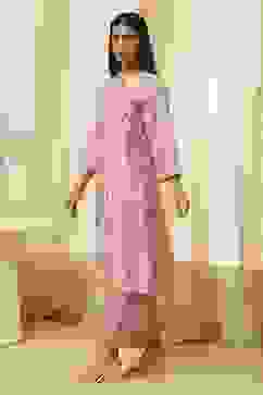 Off-White and Pink Cotton Straight Kurta Set image number 3