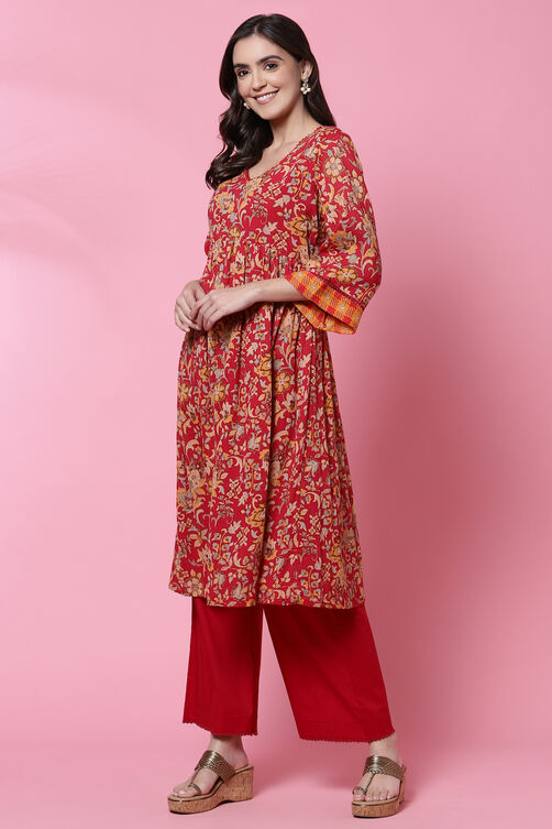 Red Cotton Flared Kurta Set image number 3