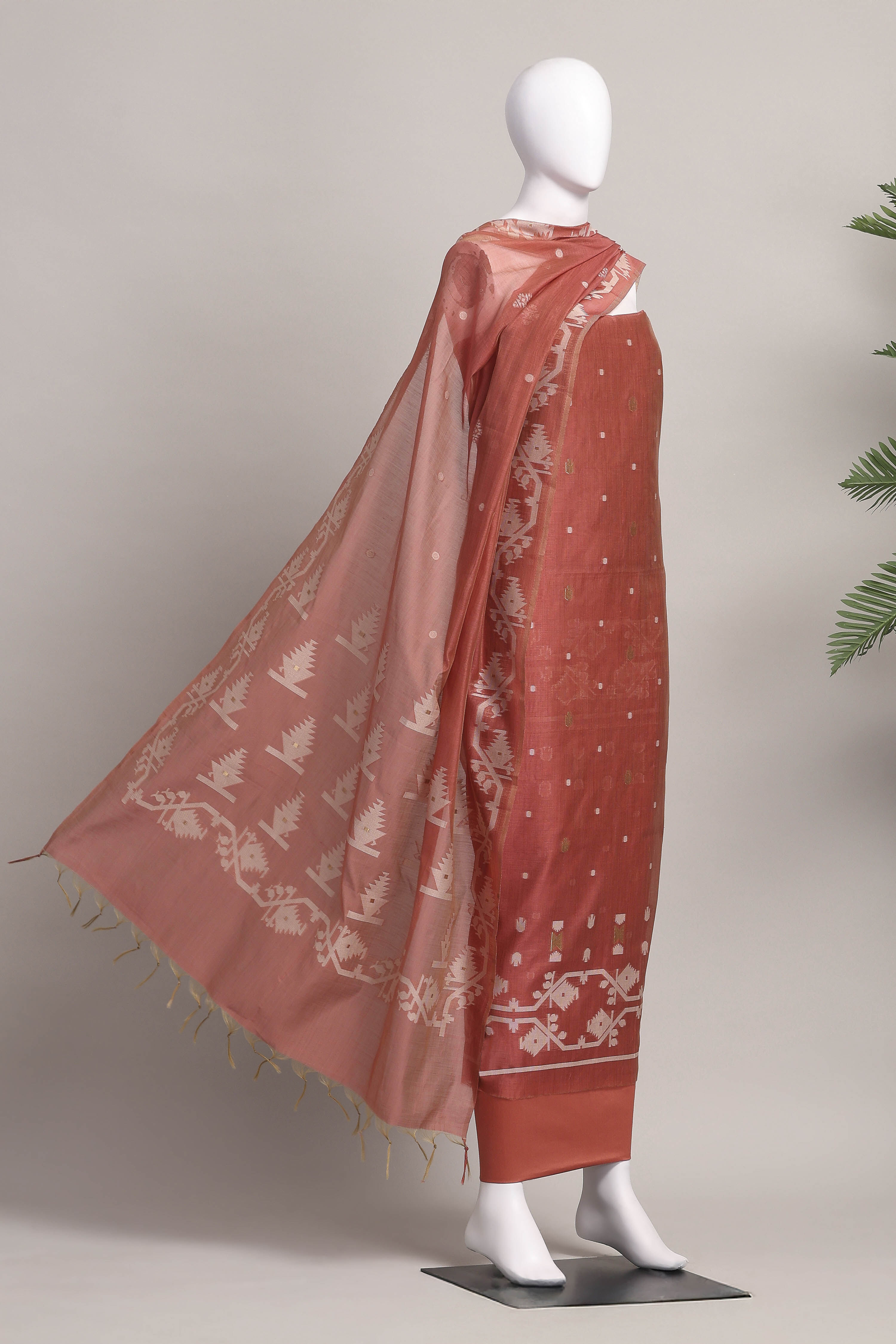 Rust Cotton Jamdani Unstitched Suit Set image number 4