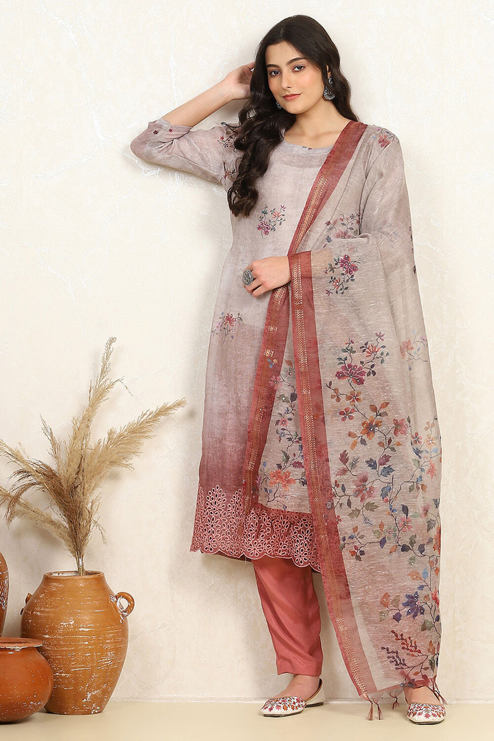 Rust Linen Printed Unstitched Suit Set image number 1