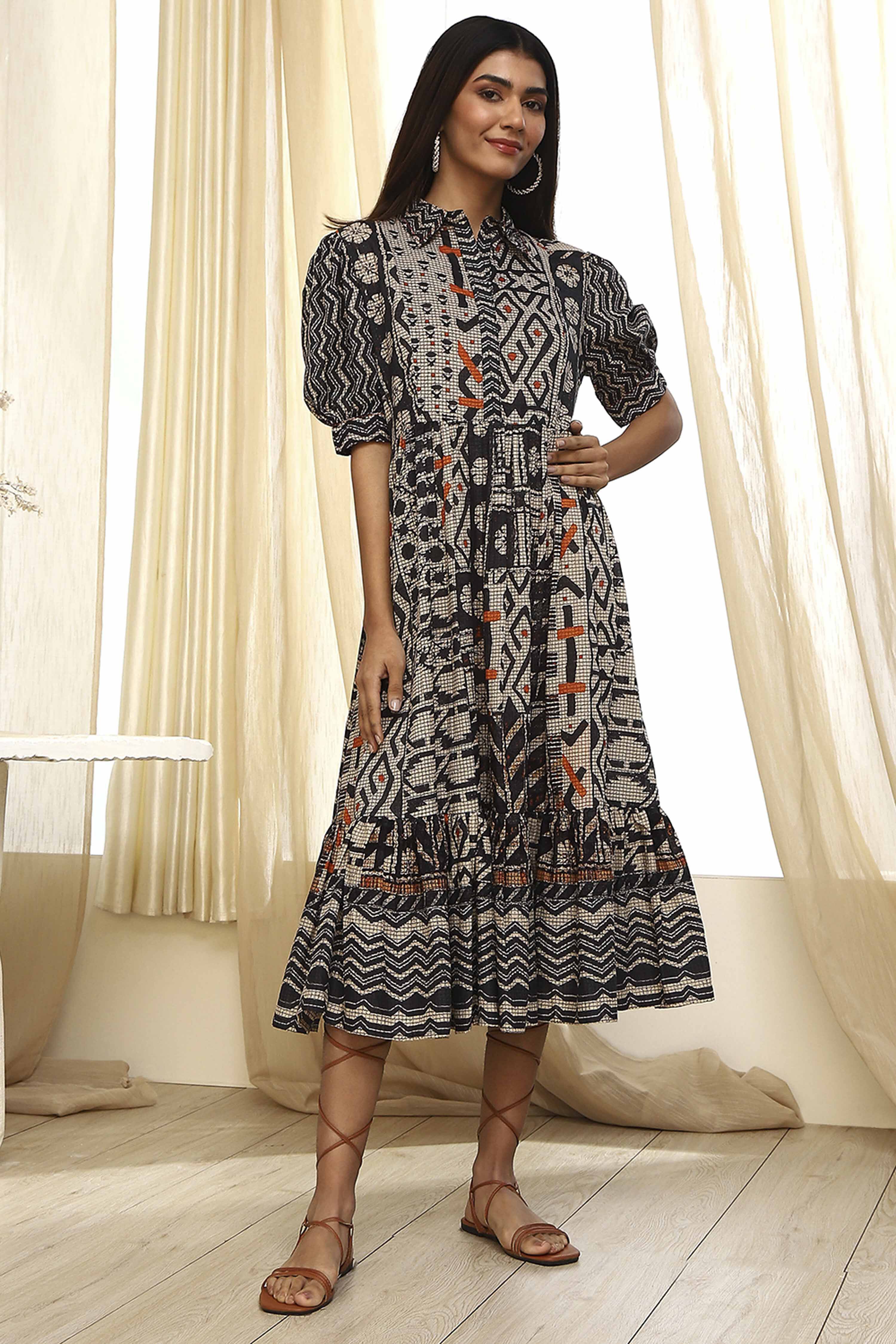 Black and Beige Cotton Printed Tiered Dress image number 0
