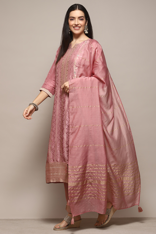 Peach Pink Viscose Yarndyed Kurta Regular Pants Suit Set image number 0