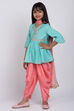 Turquoise Poly Cotton A-Line Kurta Dhoti Salwar Suit Set image number 2