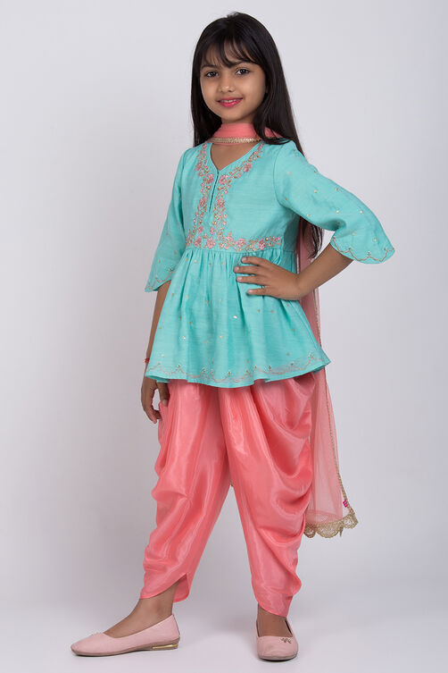 Turquoise Poly Cotton A-Line Kurta Dhoti Salwar Suit Set image number 2