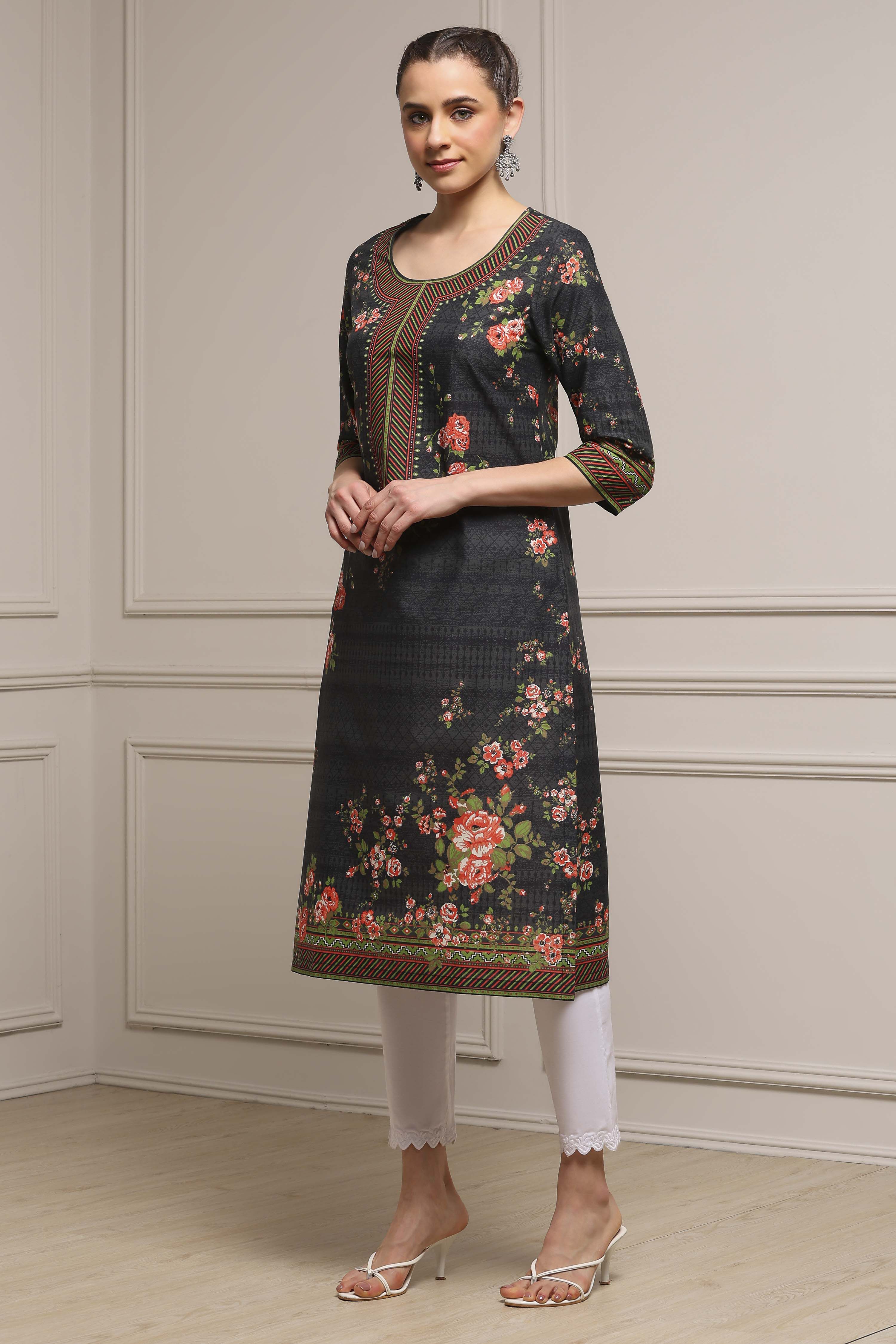 Black Cotton Floral Printed Straight Kurta image number 2