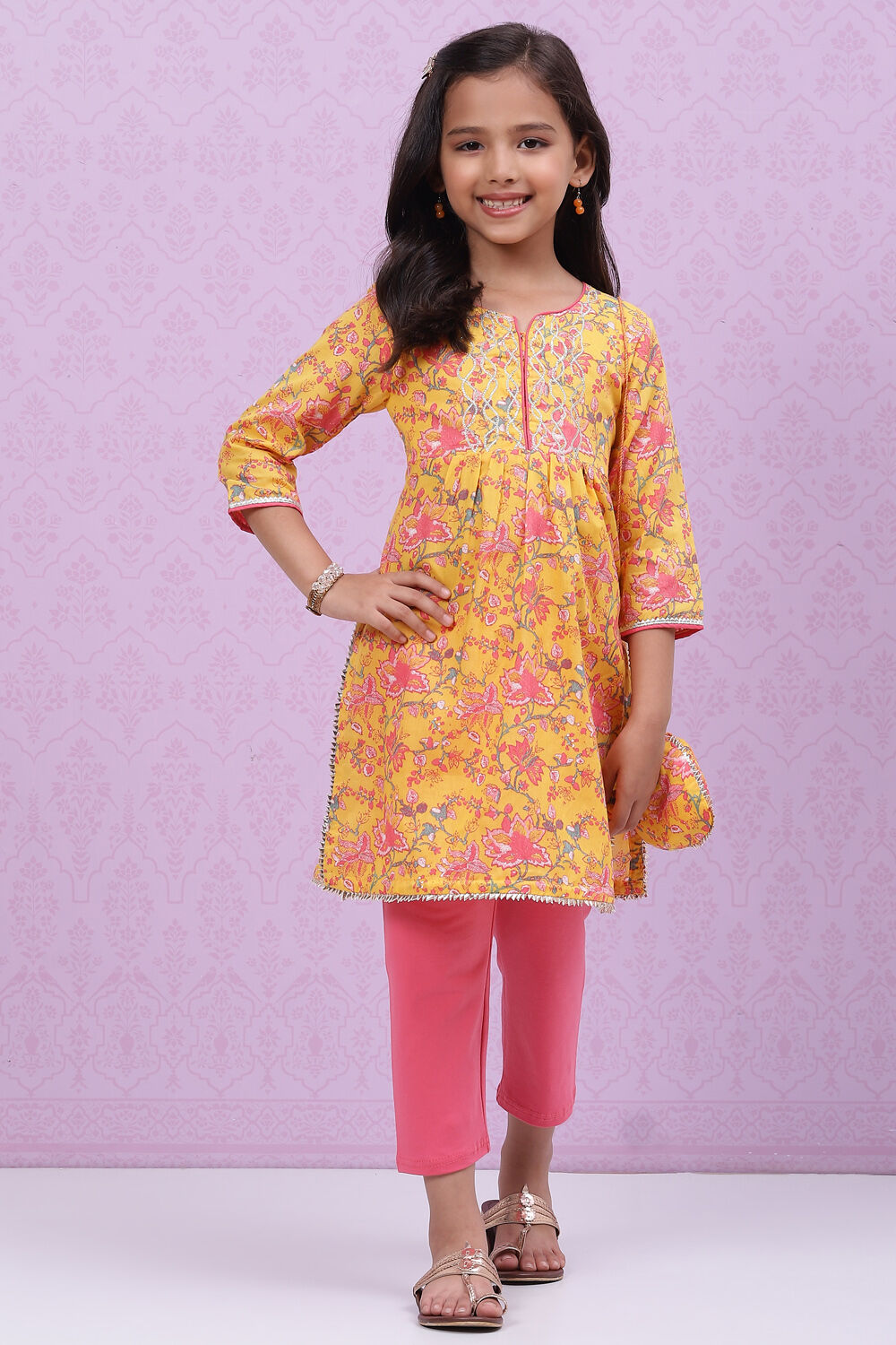 Yellow Cotton Flared Printed Kurta Set image number 0