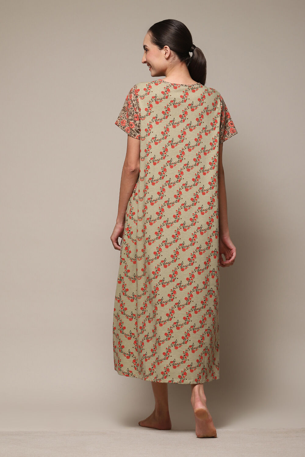Sage Green Cotton Blend Printed Nightdress image number 4