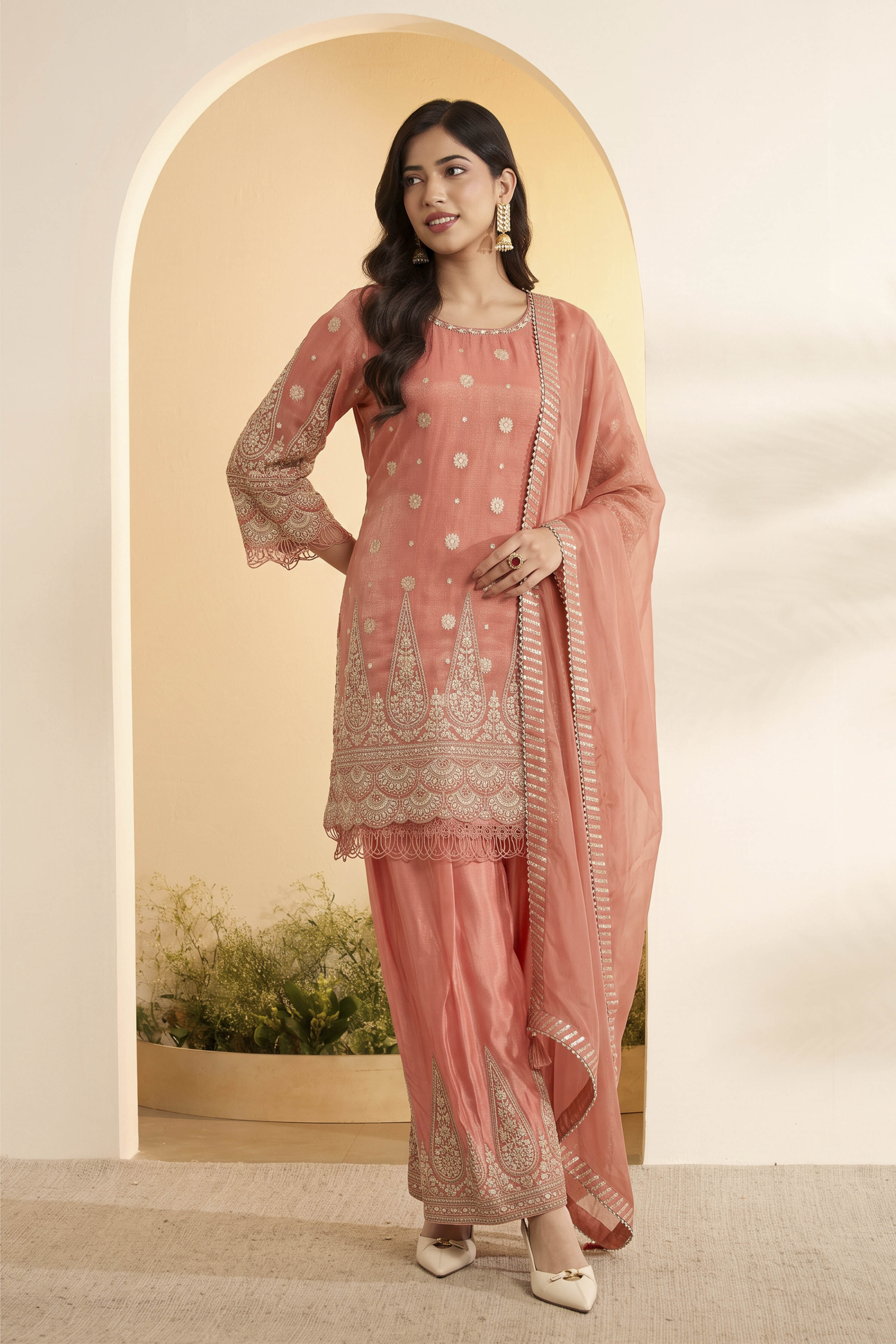 Peach Tissue Jacquard Embroidered Suit Set with Organza Dupatta image number 5