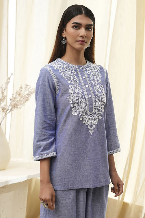 Dull Blue Cotton Straight Co-ord Set image number 1