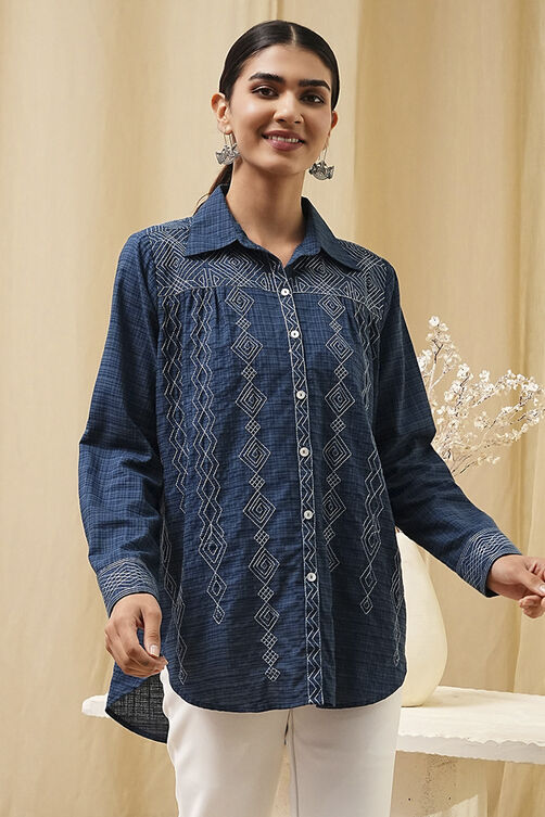 Blue Cotton Blend High-Low Straight Shirt image number 4