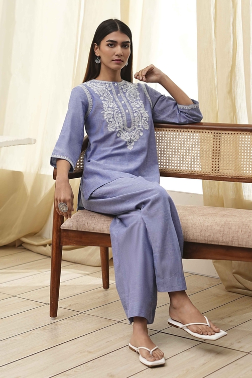 Dull Blue Cotton Straight Co-ord Set image number 0