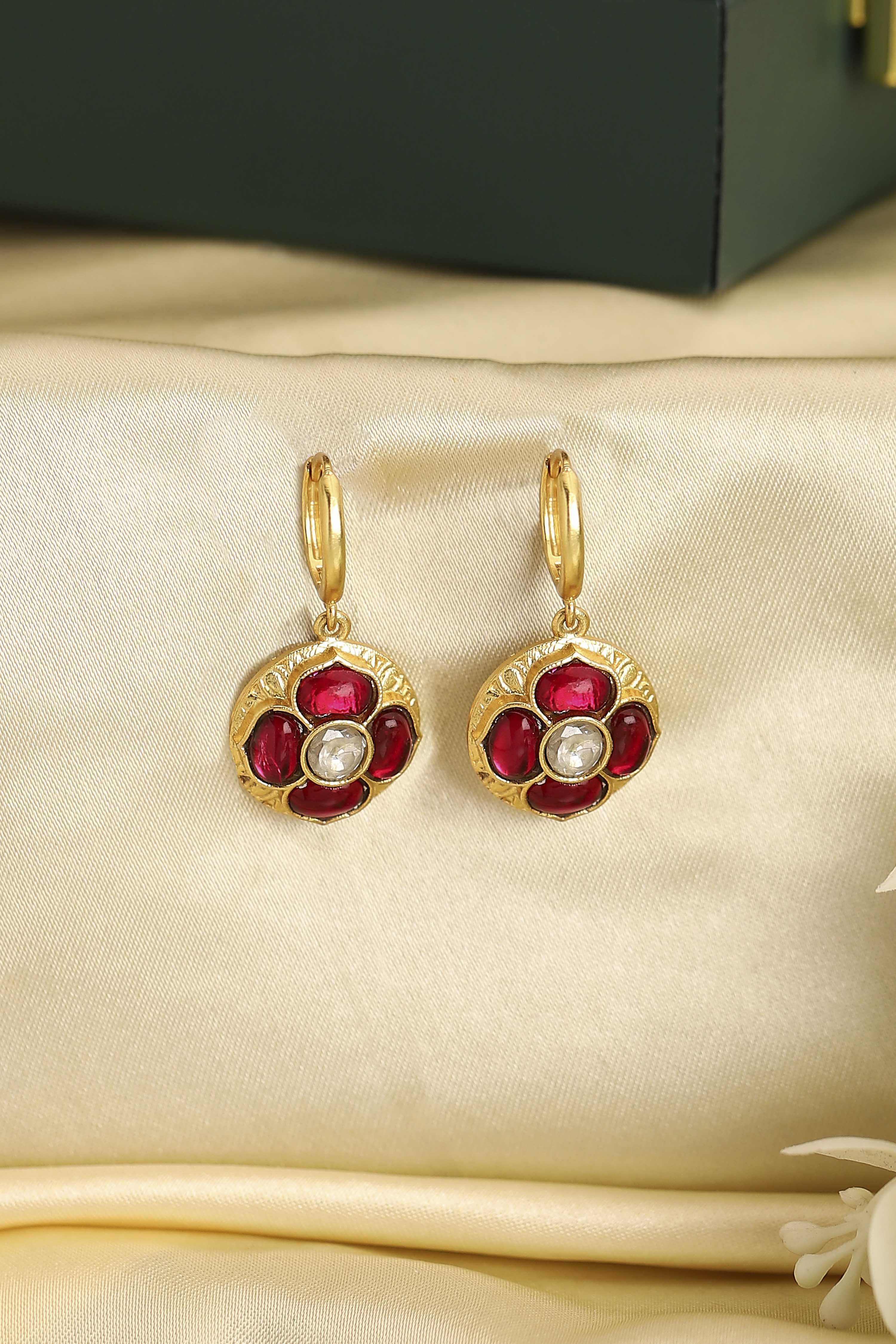 Pink Gold Plated Brass Floral Studded Drop Earrings image number 0