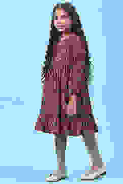 Green & Maroon Silk Tiered Dress image number 2