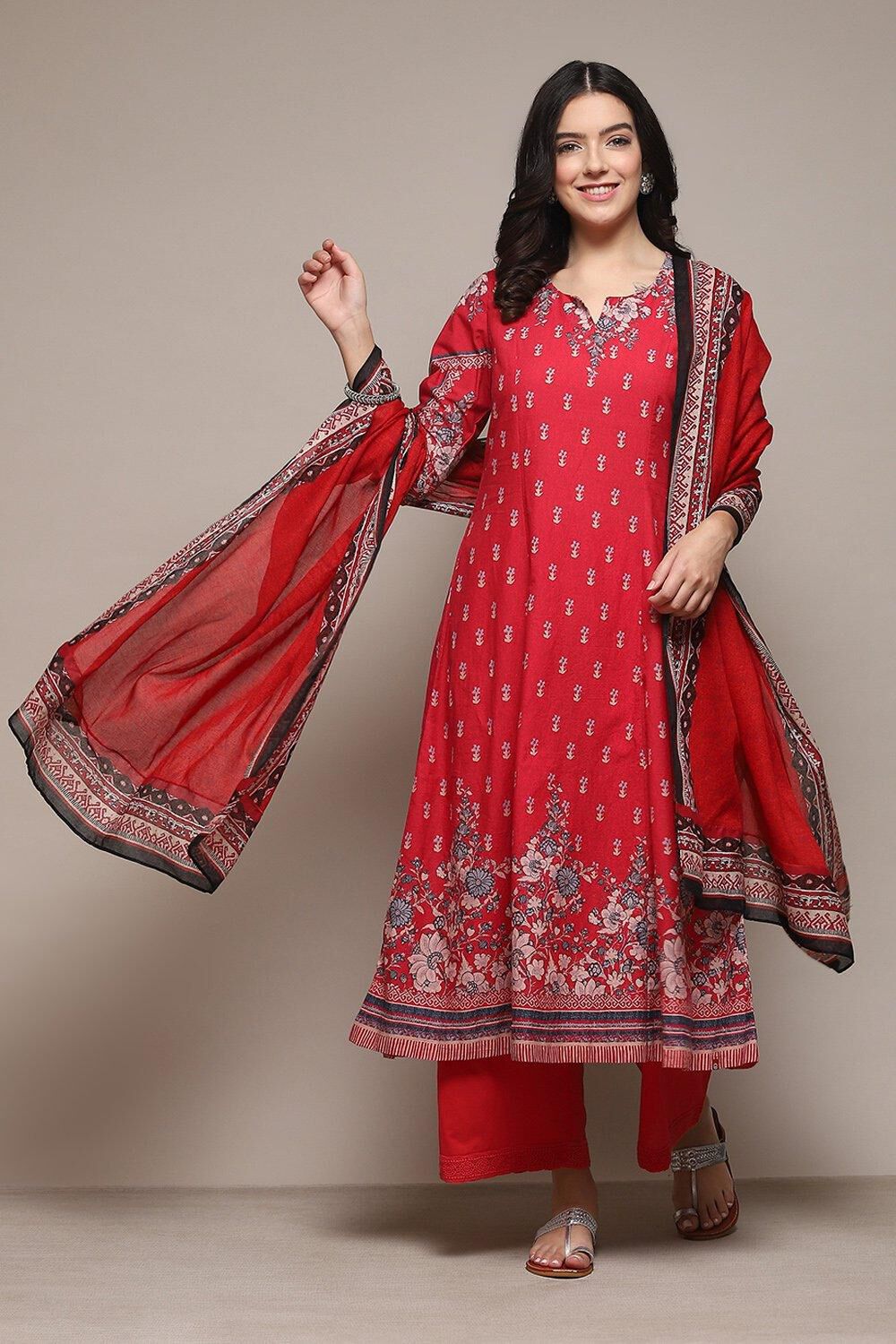 Red Cambric Kalidar Printed Kurta Palazzo Suit Set image number 8