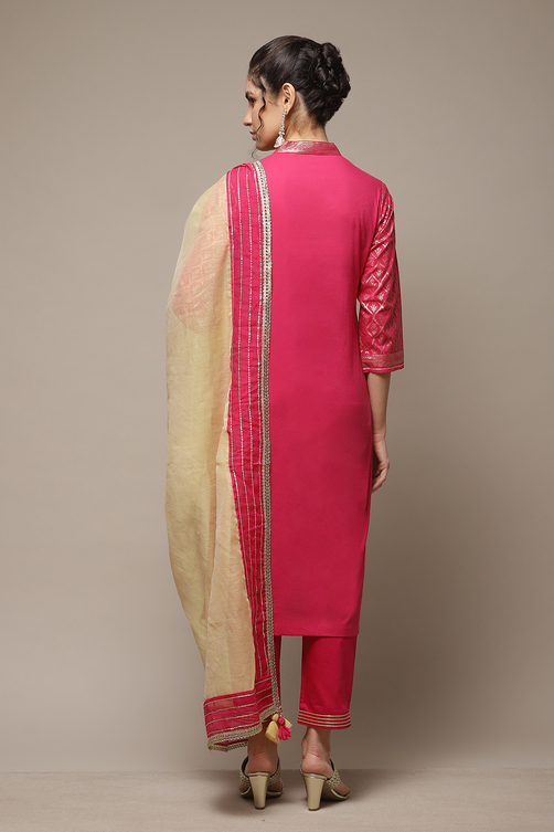 Fuchsia Cotton Straight Kurta Pants Suit Set image number 2