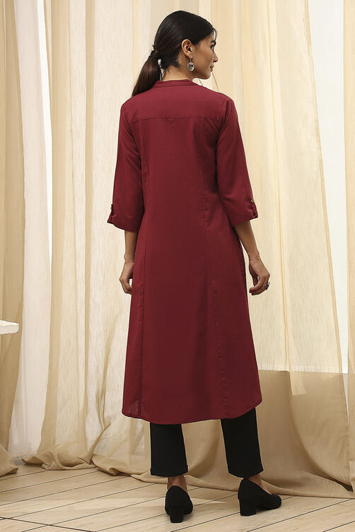 Burgundy Cotton Blend Solid Straight Kurta image number 3