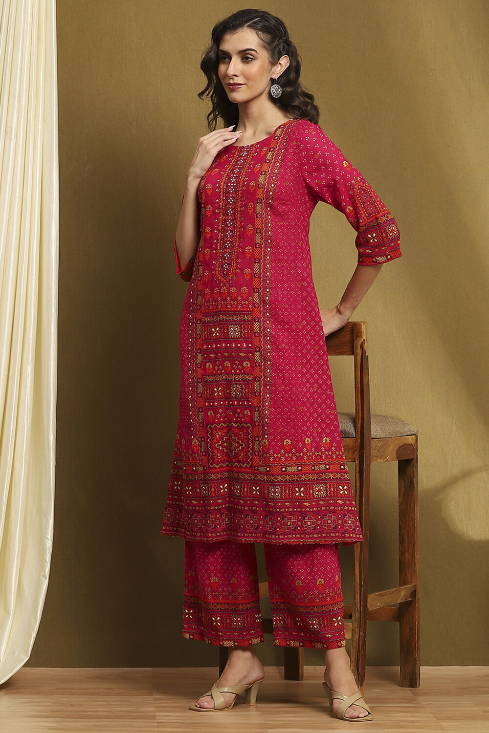 Fuchsia Cotton Printed A-Line Kurta Set image number 0
