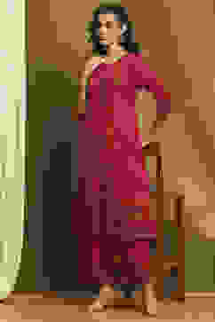 Fuchsia Cotton Printed A-Line Kurta Set image number 0