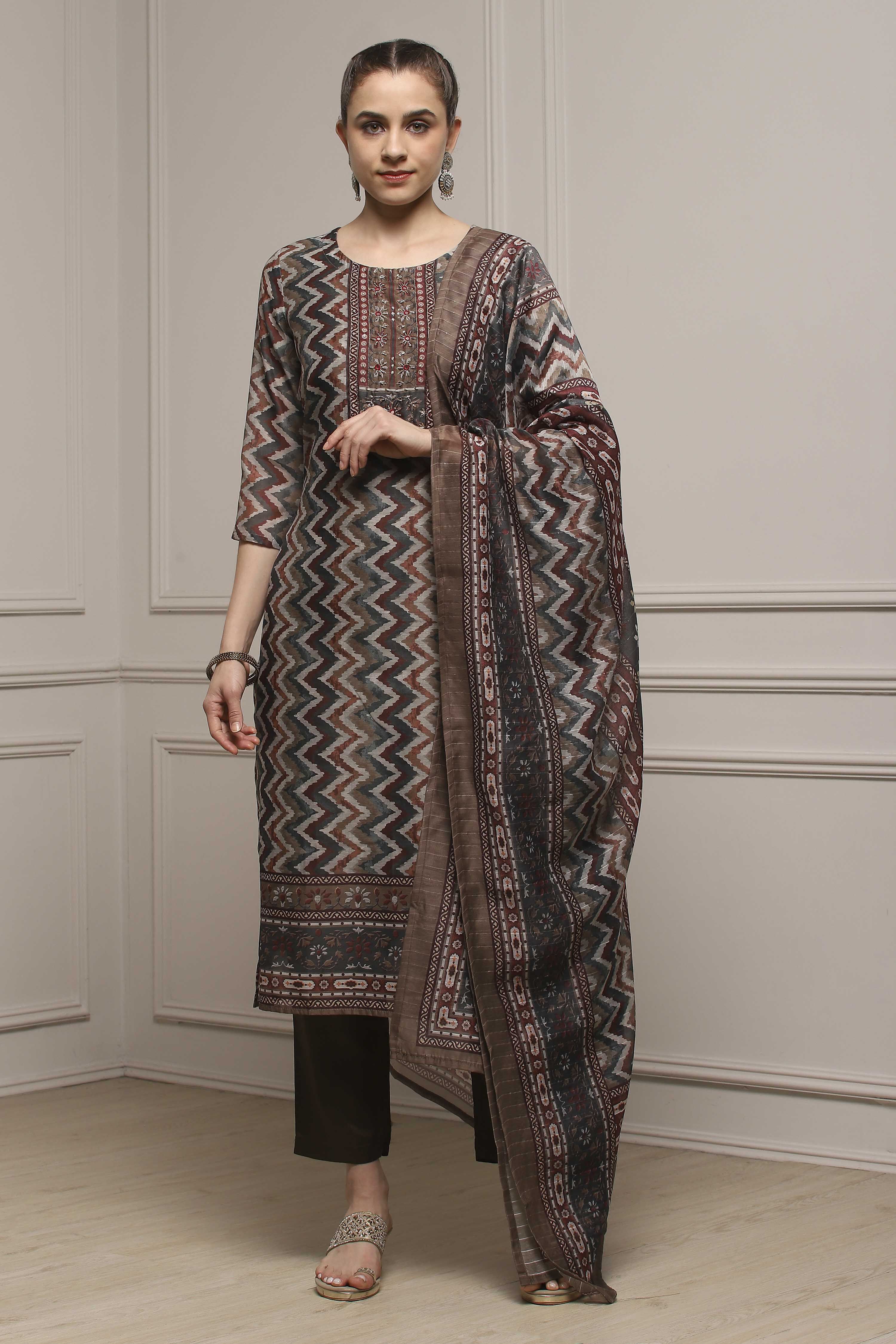 Green Chanderi Blend Printed Embroidered Unstitched Suit Set image number 1