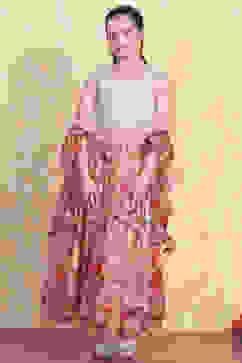 Off-White and Pink Printed Flared Lehenga Set image number 6