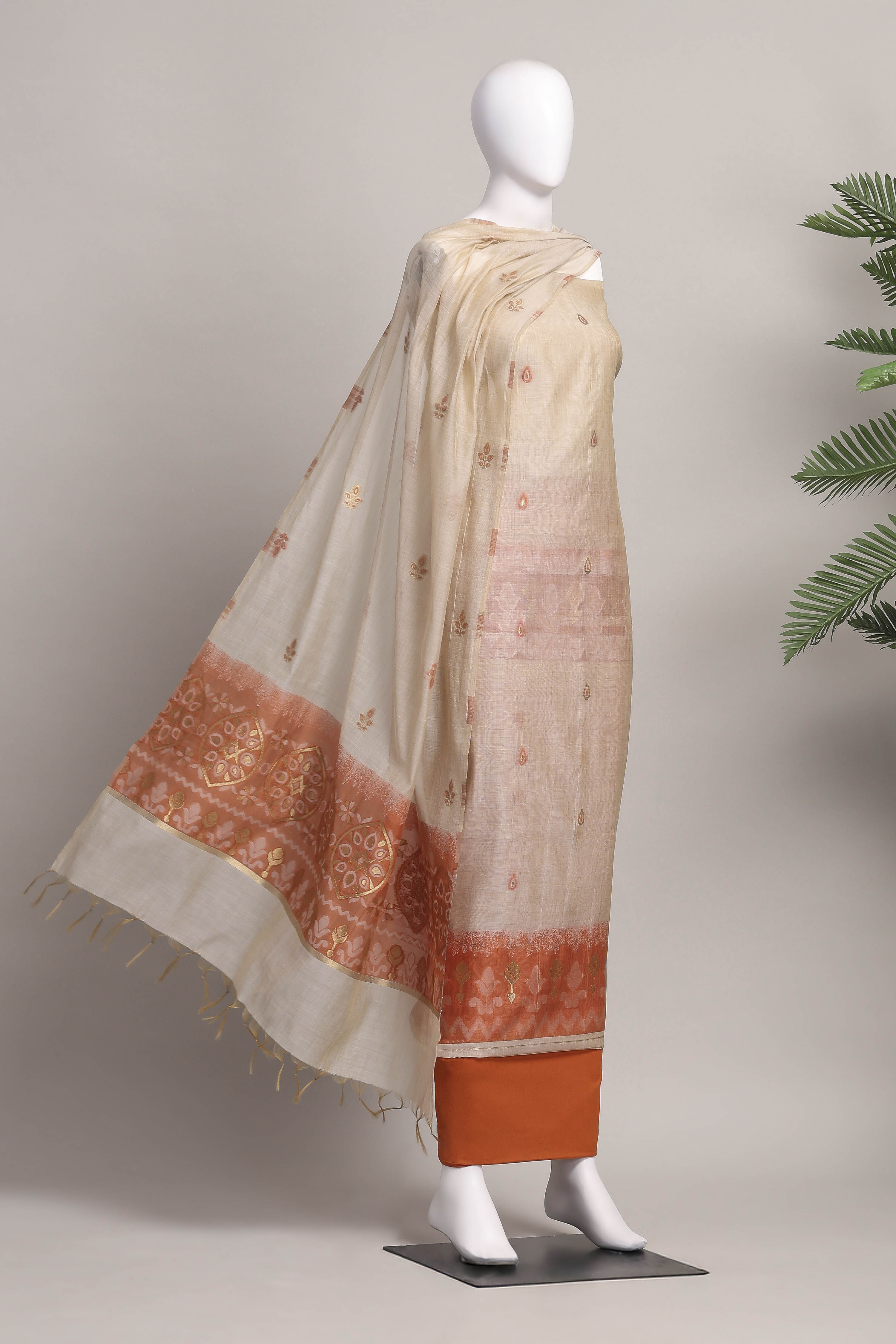 Rust Cotton Jamdani Unstitched Suit Set image number 4