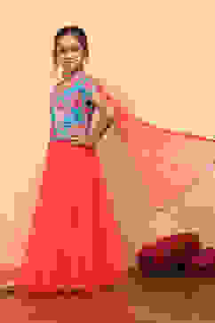 Blue and Pink Floral Festive Flared Lehenga Set image number 5