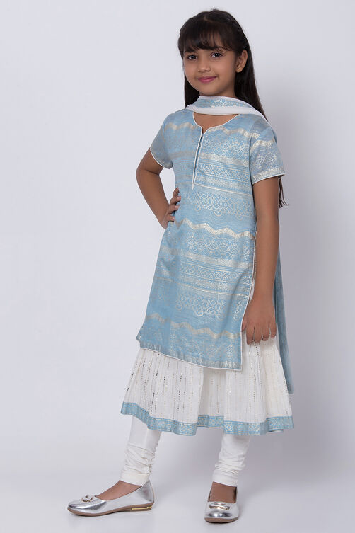 Blue Poly Cotton Straight Kurta Churidar Suit Set image number 3