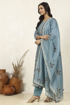 Blue Chanderi Printed Unstitched Suit Set image number 4