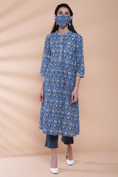 Blue Cotton A-Line Printed Kurta image number 5