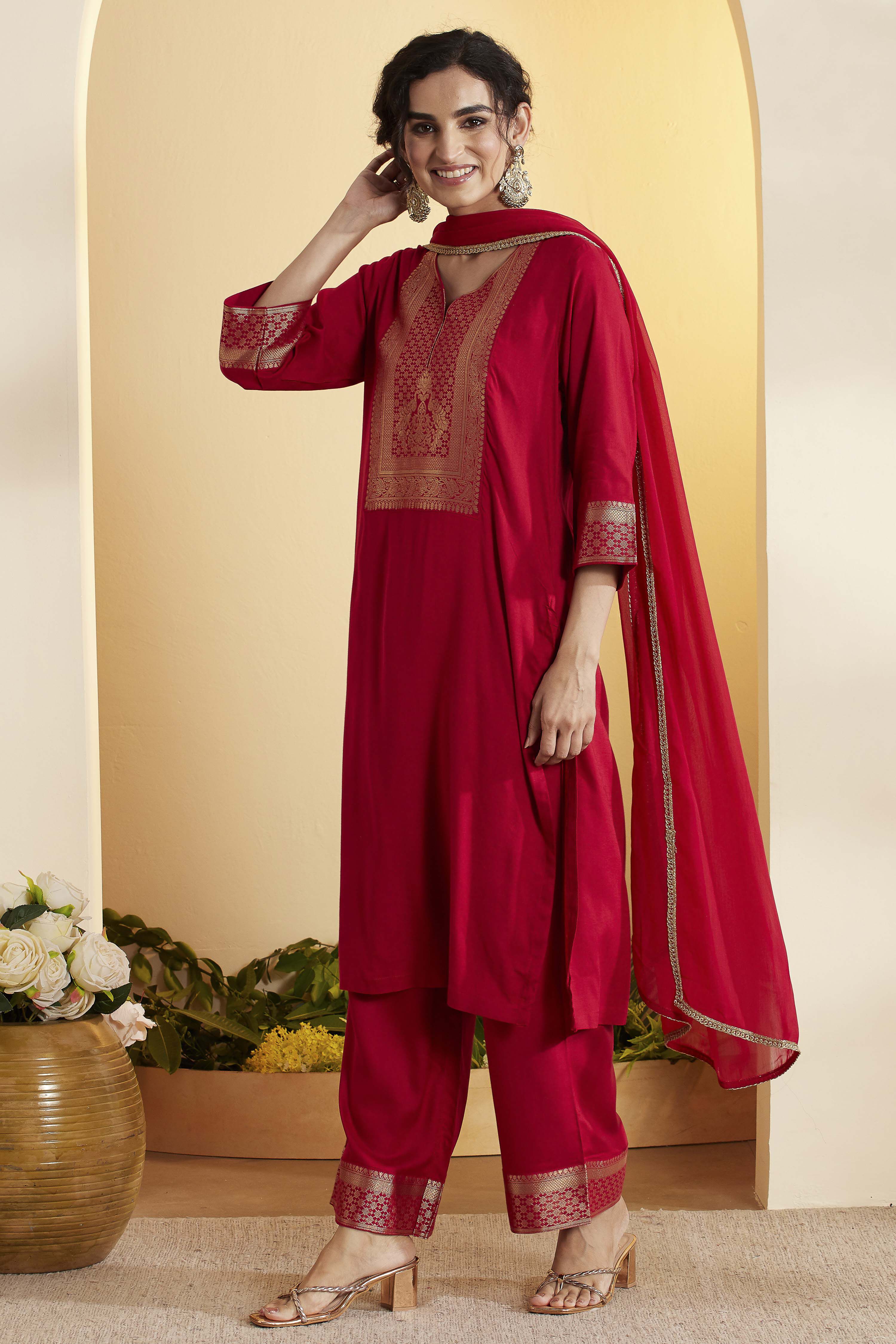 Red Viscose Rayon Yoke Design Straight Kurta Set image number 3