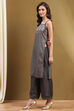 Grey Silk Floral Hand-Block Printed Festive Straight Kurta image number 2