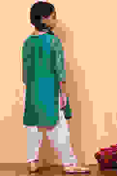 Green and White Cotton Printed Straight Suit Set image number 4