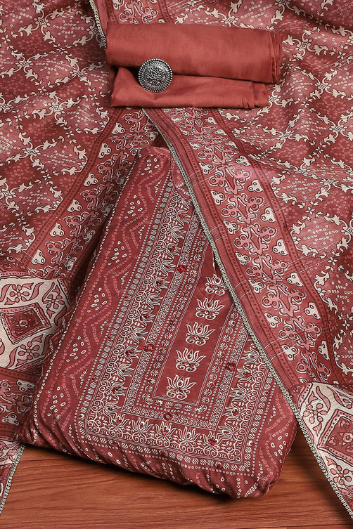 Maroon Chanderi Bandhani Printed Unstitched Suit Set image number 0
