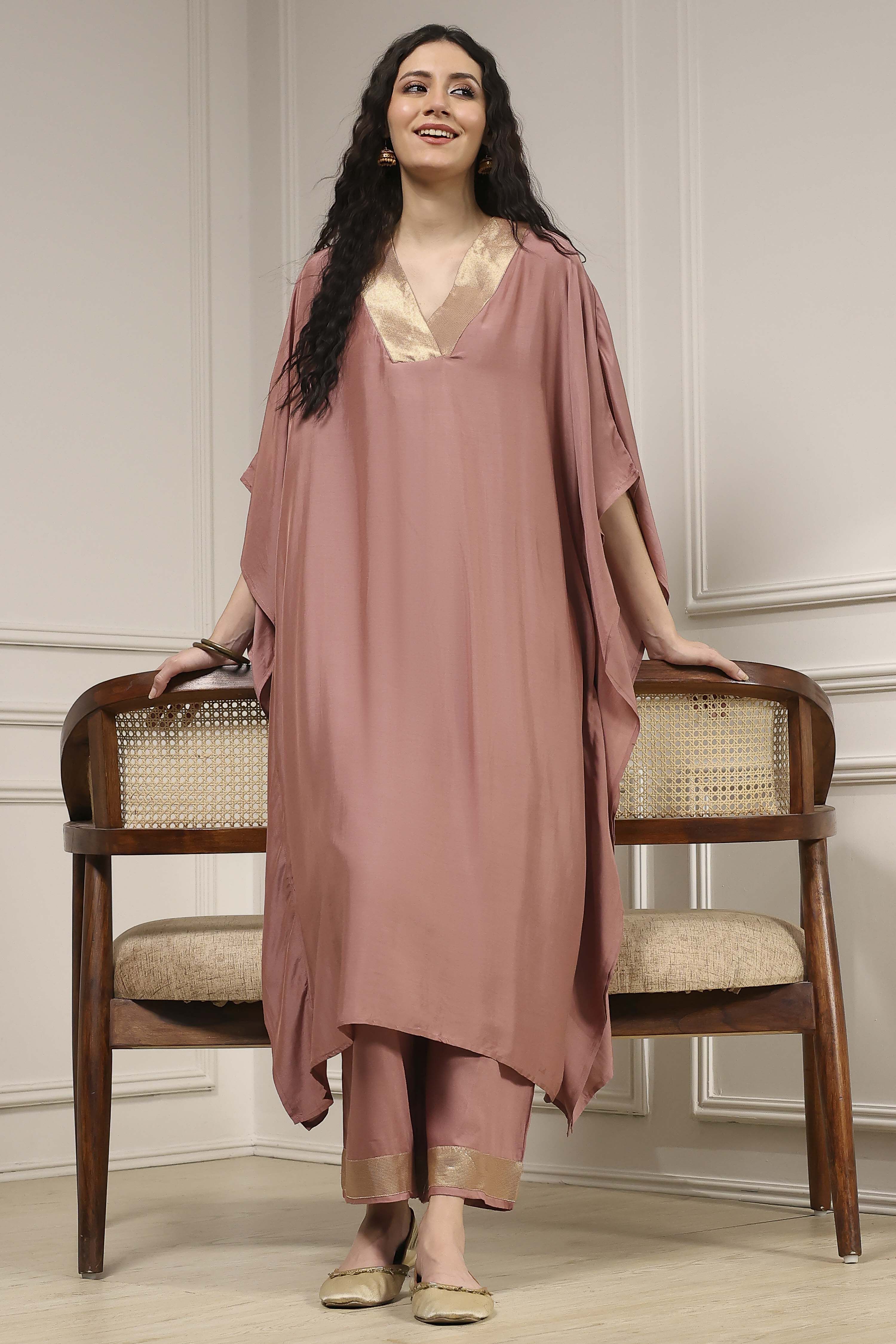 Mauve Solid Kaftan-Style Kurta Set image number 0