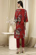 Coral Red Floral Printed Straight Kurta image number 3