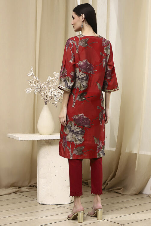 Coral Red Floral Printed Straight Kurta image number 3