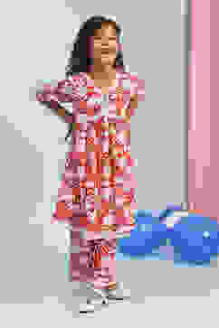 Red Cotton Printed Gathered Suit Set image number 2