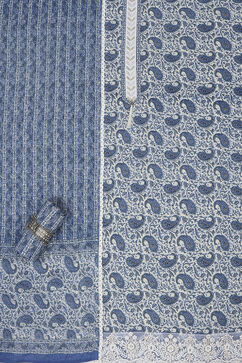 Blue Cotton Screen Print Unstitched Suit Set image number 1