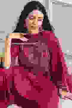 Red Embroidered Straight Suit Set image number 7