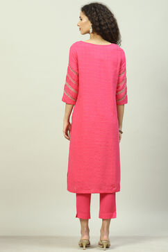 Fuschia Cotton Straight Kurta Slim Pant Suit Set image number 4