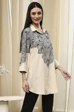 Ivory Printed Shirt-Style Straight Short Kurta image number 4