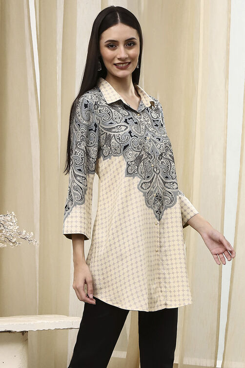 Black Printed Shirt-Style Straight Short Kurta image number 4