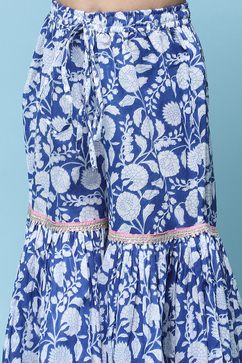 Blue Printed Cotton Peplum Kurta & Garara With Net Dupatta image number 2