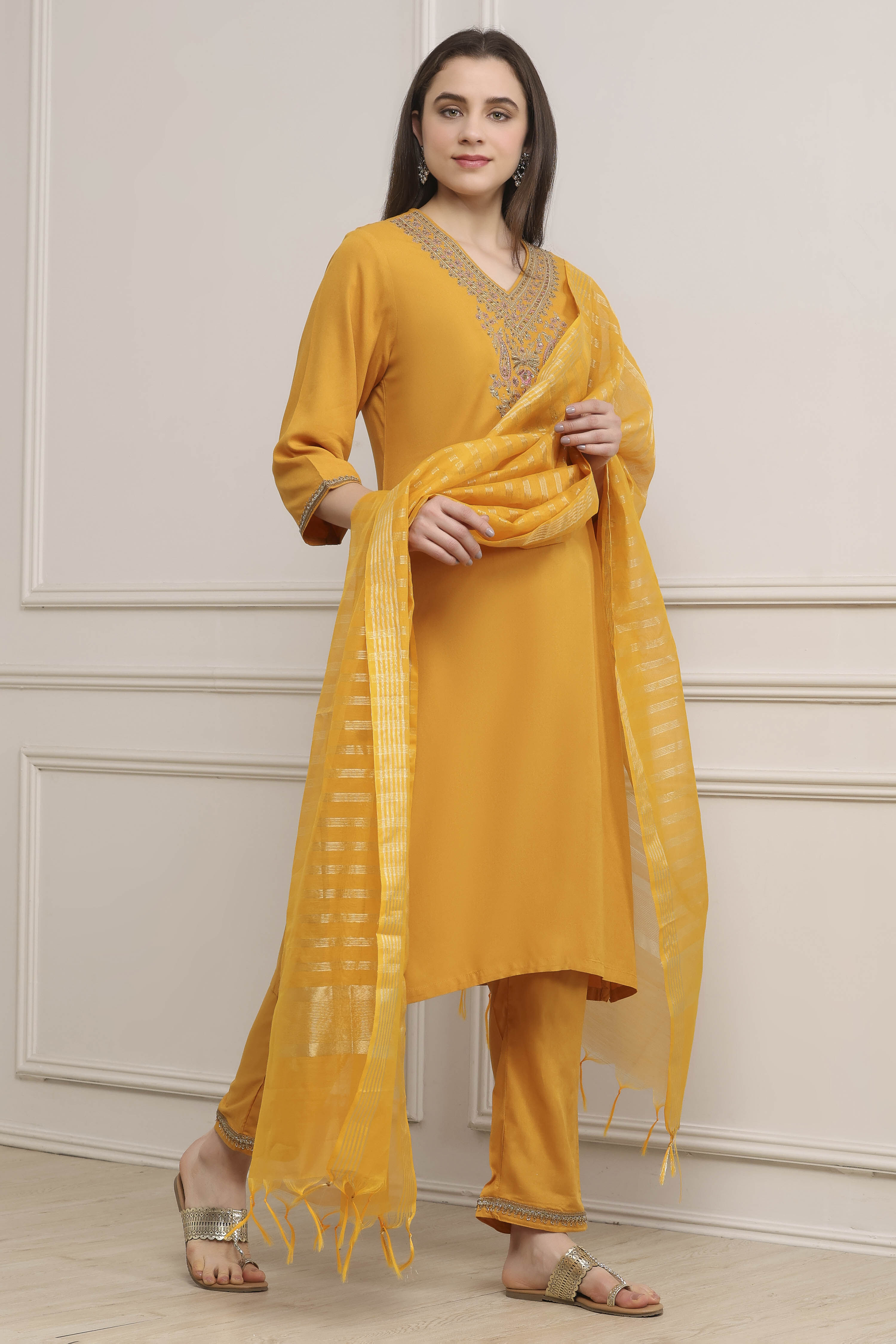 Yellow Viscose Rayon Straight Suit Set image number 5