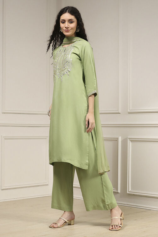 Sage Green Viscose Rayon Straight Solid Suit Set image number 3