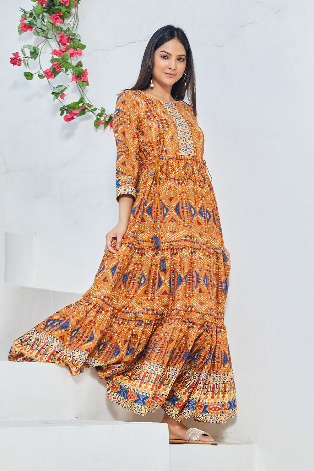 Mustard Cotton Tiered Dress image number 0