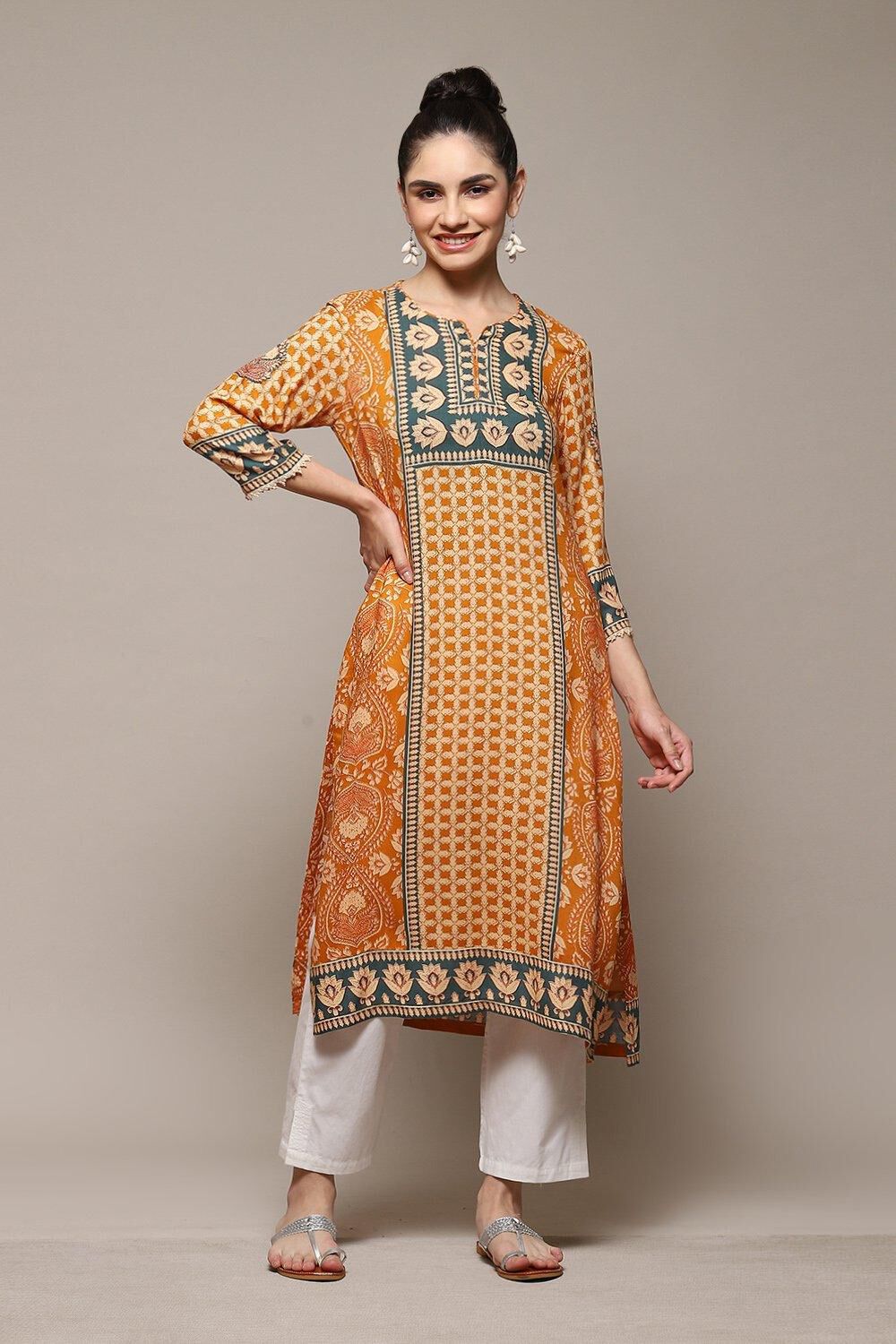 Burnt Orange LIVA Straight Printed Kurta image number 0