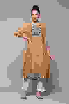 Ochre LIVA Straight Printed Kurta image number 0