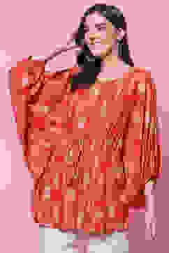 Red LIVA Flared Printed Short Kurti image number 0