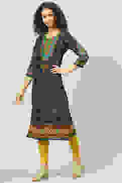 Navy LIVA Straight Printed Kurta image number 2